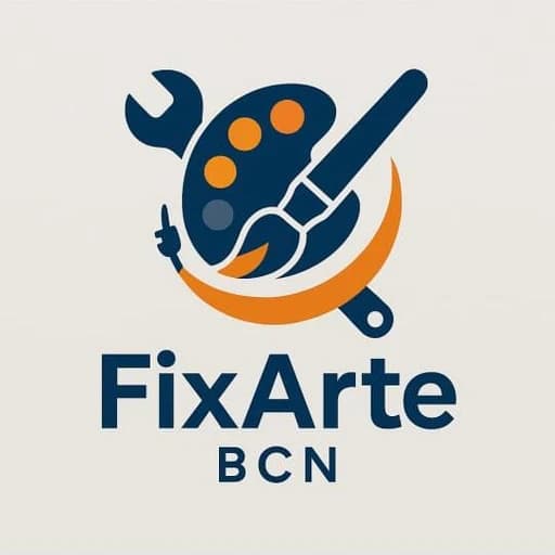 Logo de FixArte BCN: llave inglesa, paleta de pintor y pincel